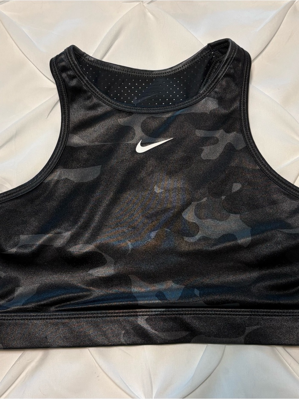 Nike Shiny Camo Black Mesh Back Racerback Sports Bra Size XS